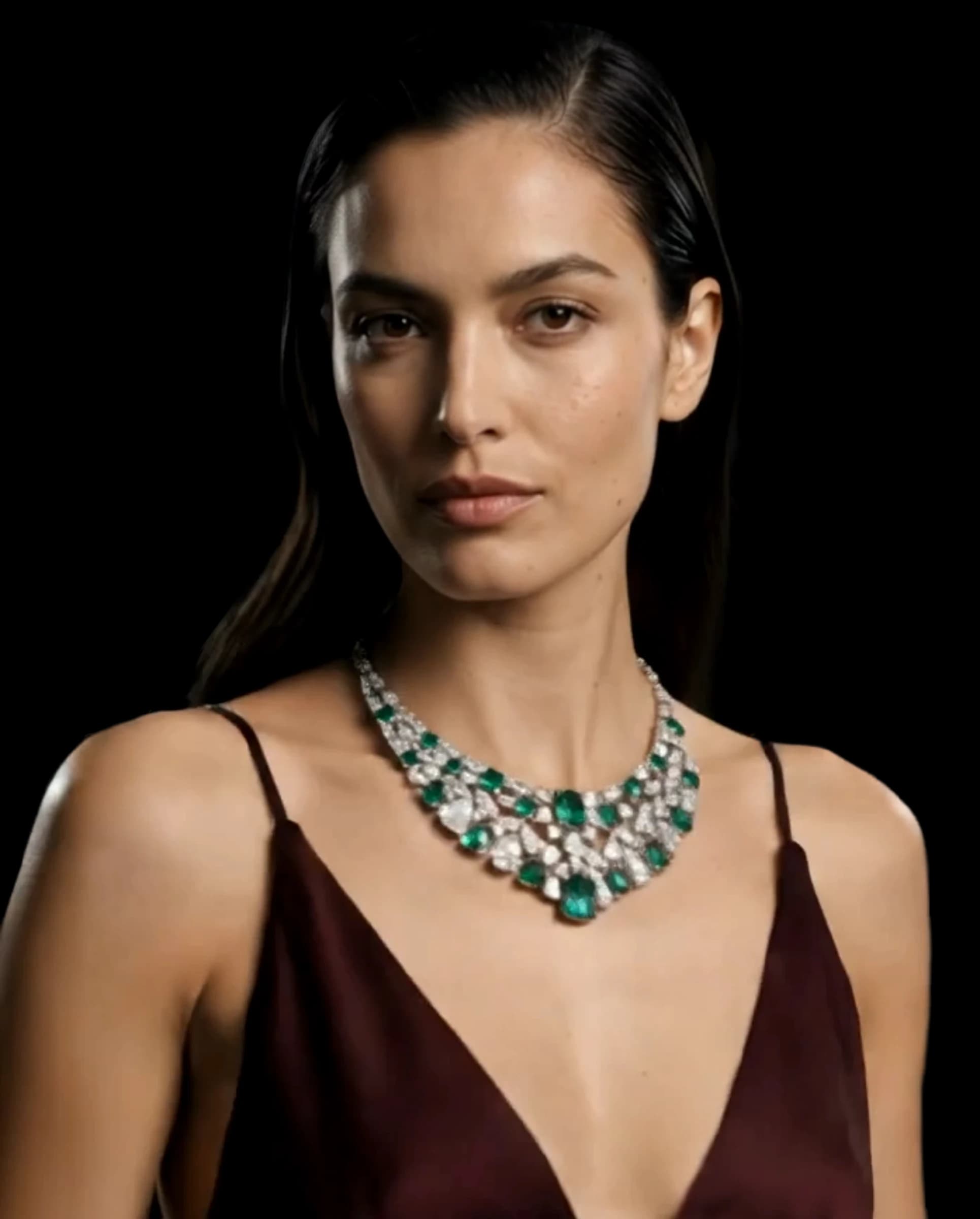 A model wearing a green-stone and diamond collar and a burgundy slip, from a Nexva jewellery reel
