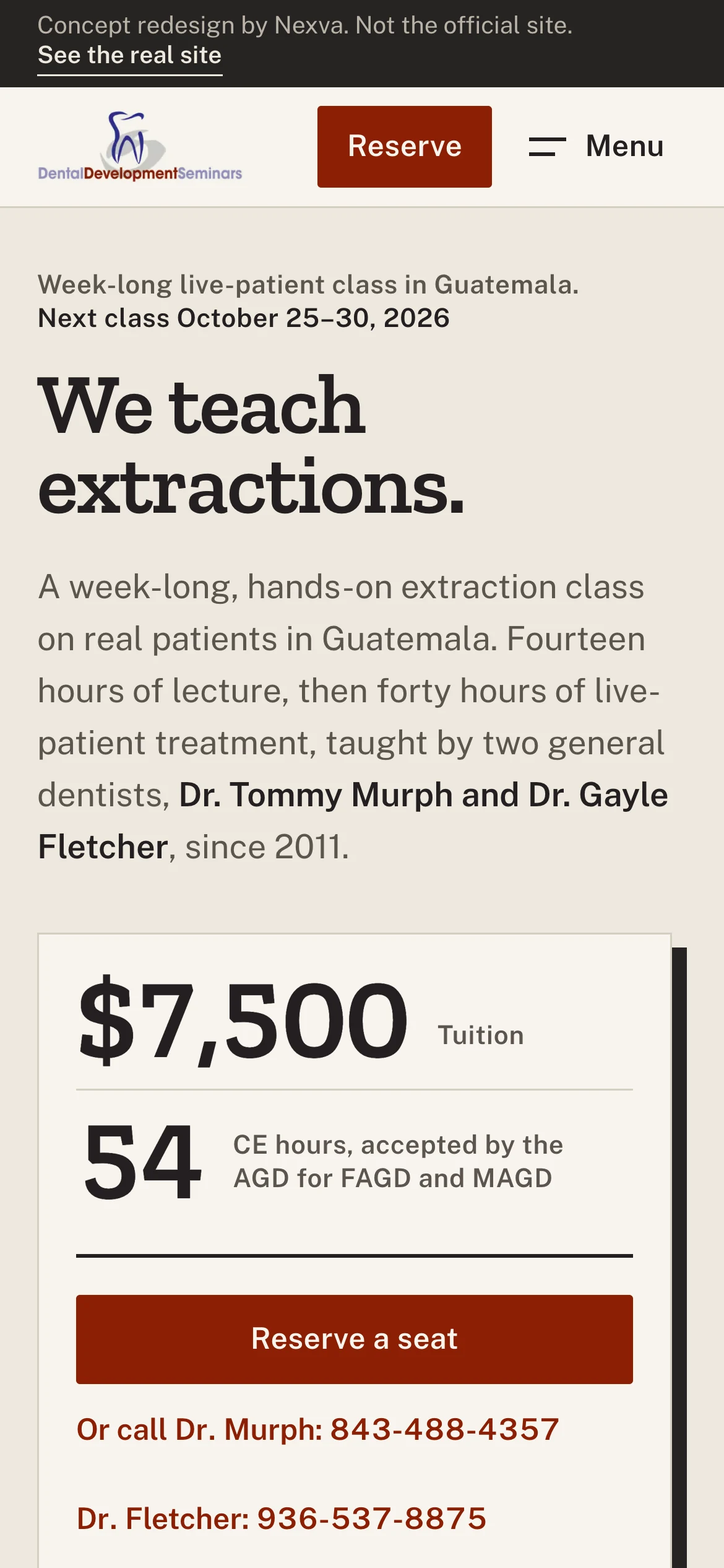 Dental Development Seminars: the first screen of the site on a phone