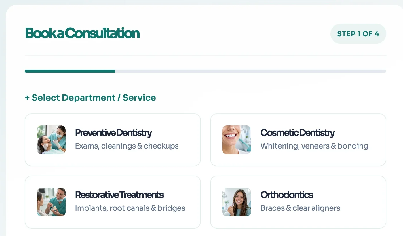 Lumora Dental: the Book a Consultation card at step 1 of 4, with a progress bar and service choices