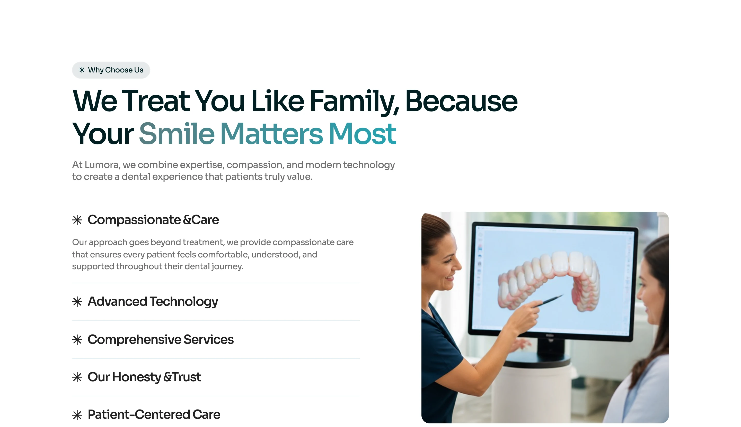 Lumora Dental: the Why Choose Us section, with a list and a photo of a dentist reviewing a scan
