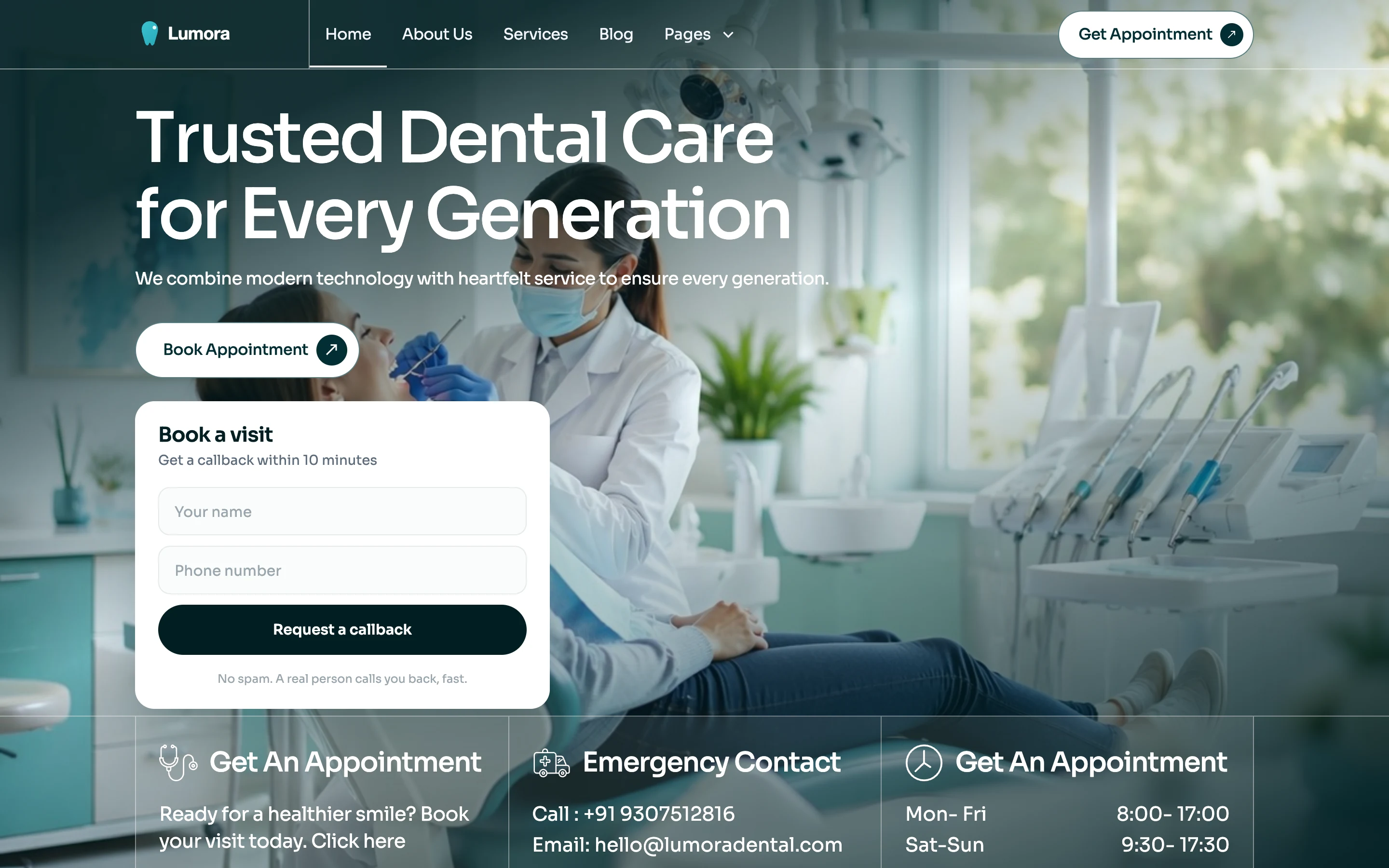 Lumora Dental: the first screen of the site on desktop