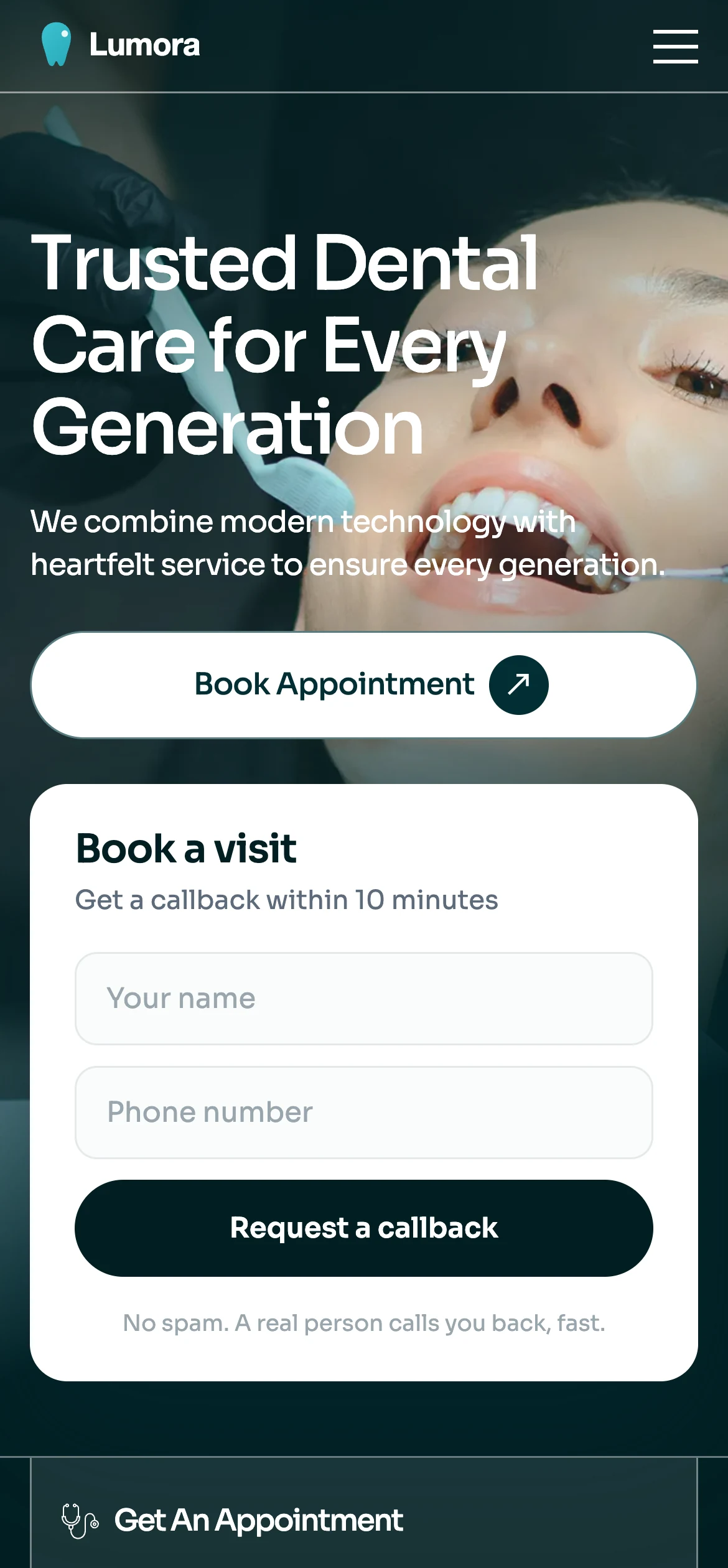 Lumora Dental: the first screen of the site on a phone