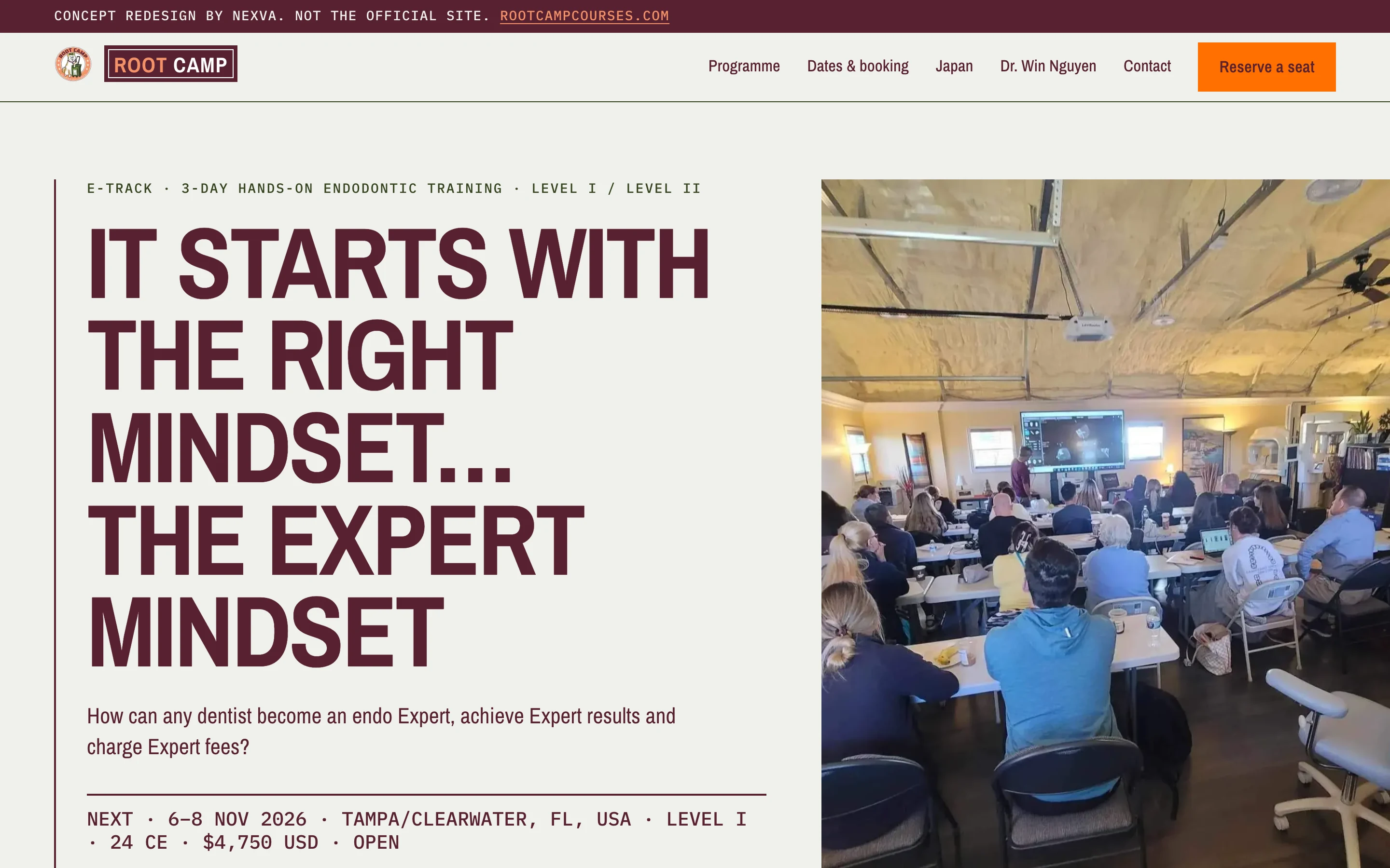 Root Camp Courses: the first screen of the site on desktop