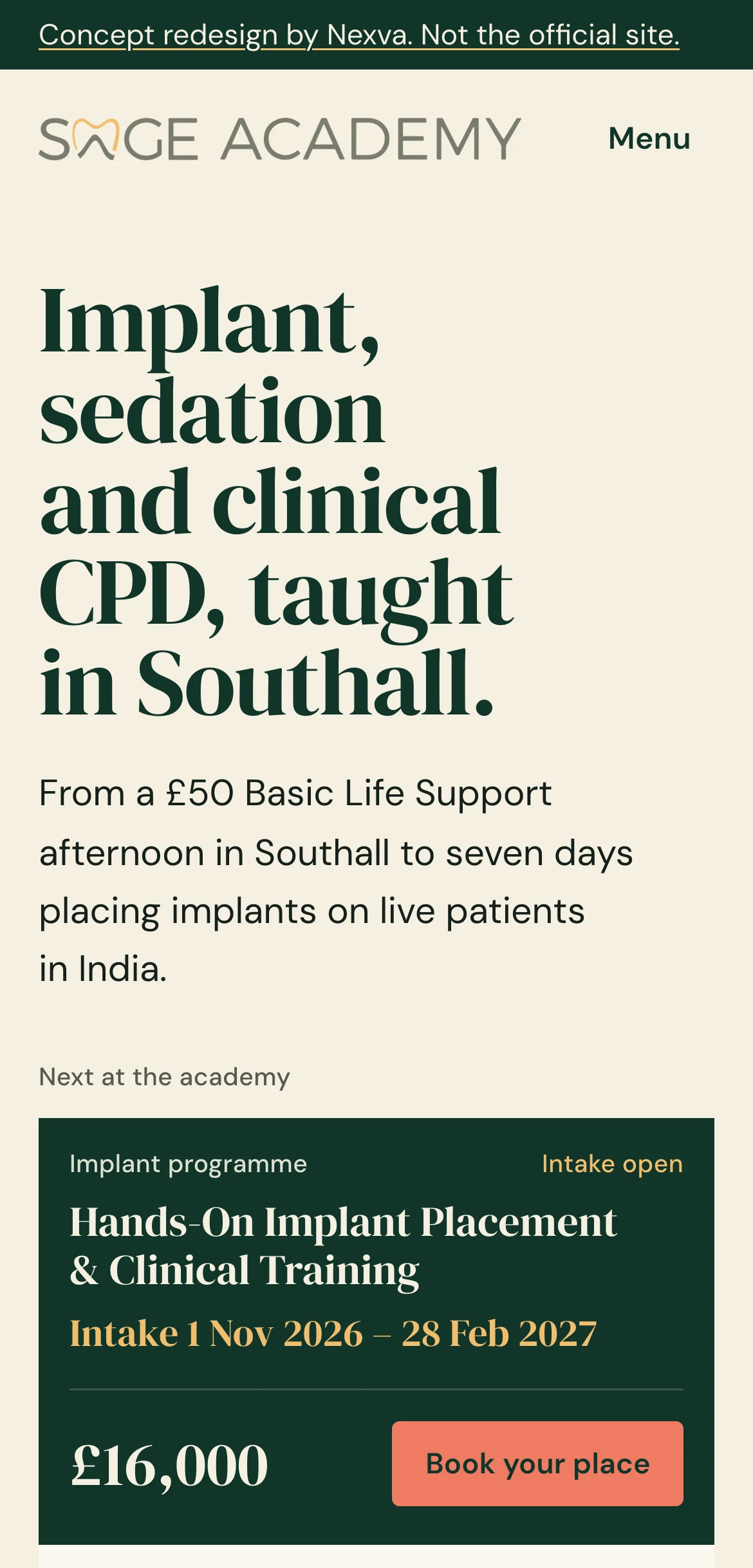 Sage Academy: the first screen of the site on a phone