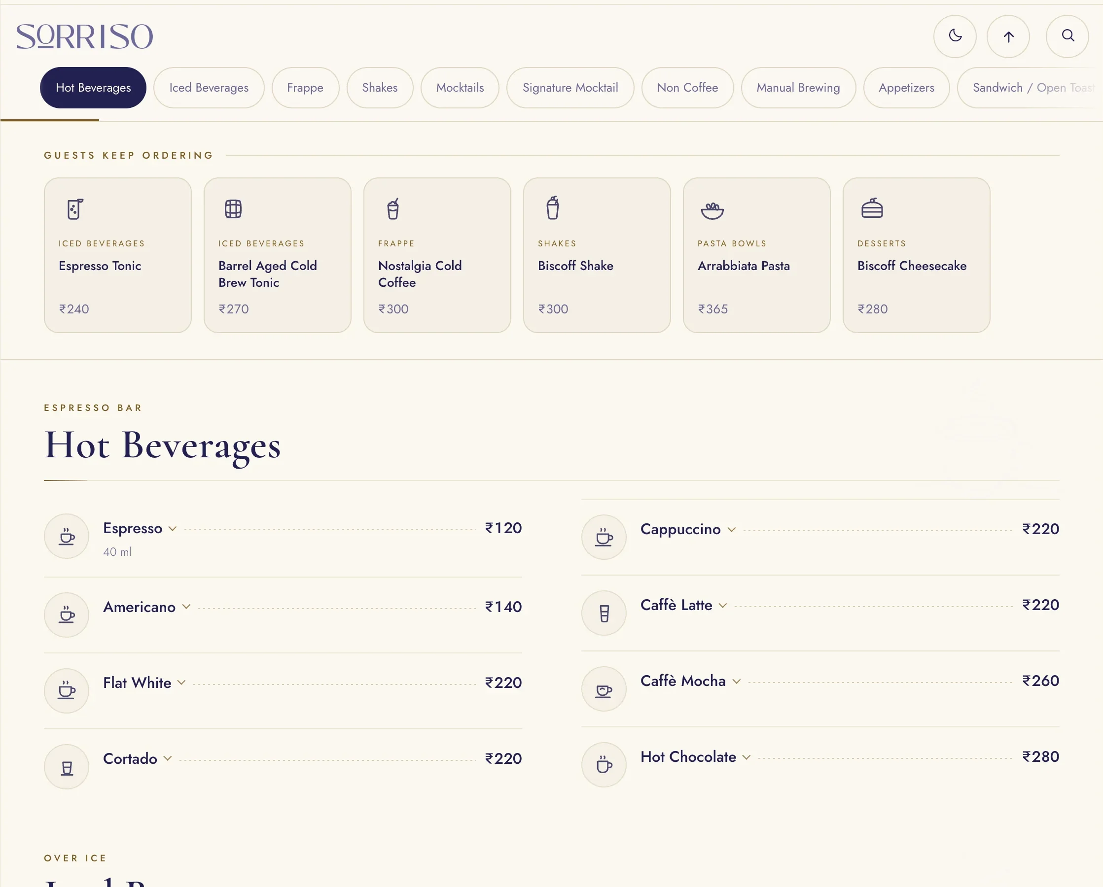 Sorriso menu: six guest favourites above the Hot Beverages list with rupee prices