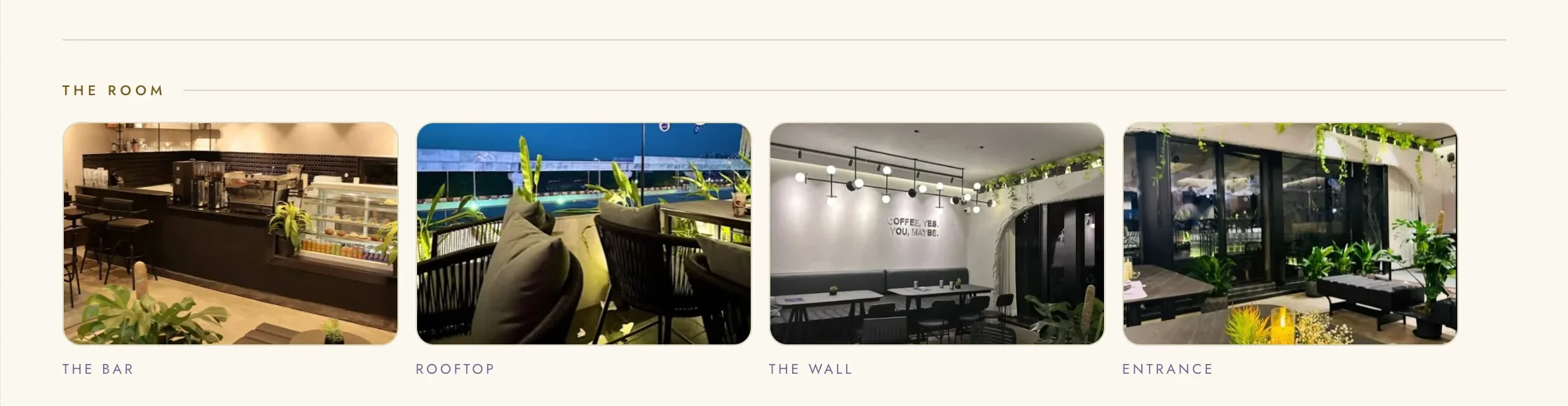 Sorriso menu: The Room, four photos of the bar, rooftop, wall and entrance