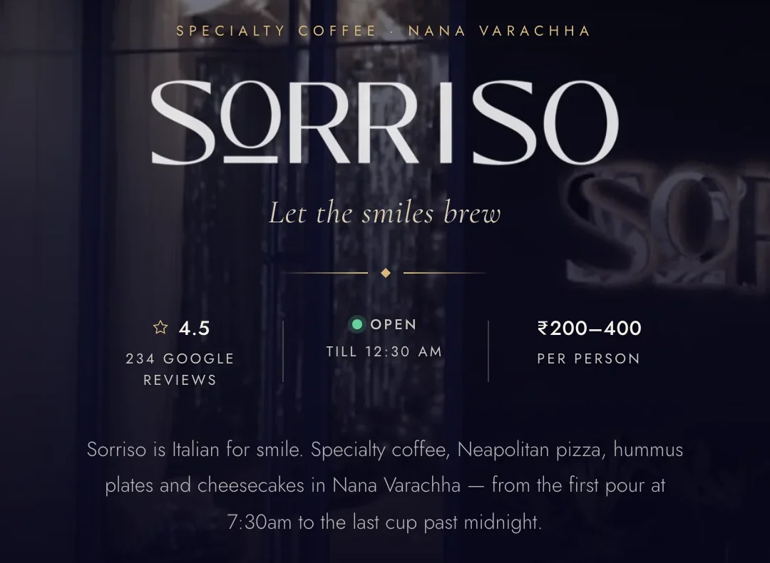 Sorriso menu: the wordmark, Let the smiles brew, and the rating, hours and price-per-person line
