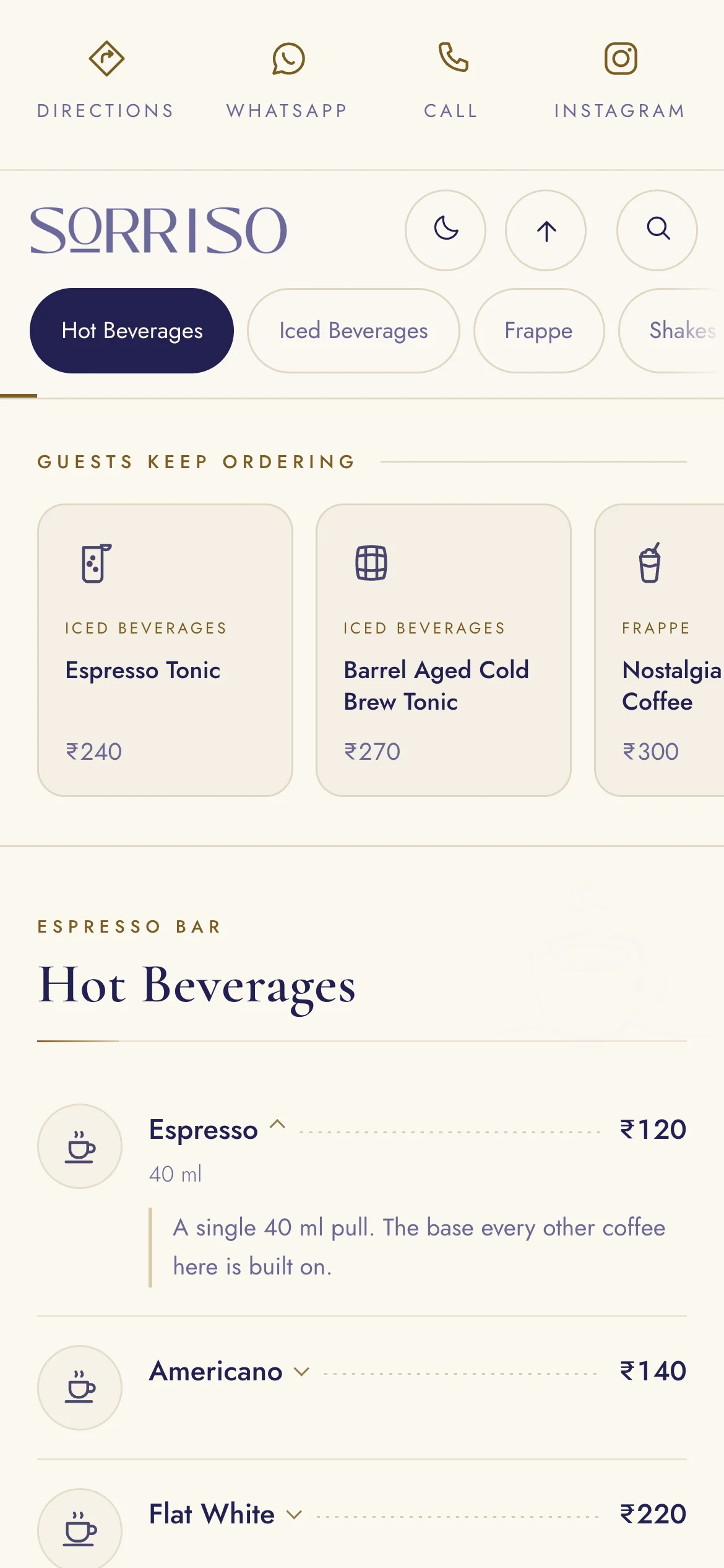 Sorriso menu on a phone: Hot Beverages with an expanded Espresso description