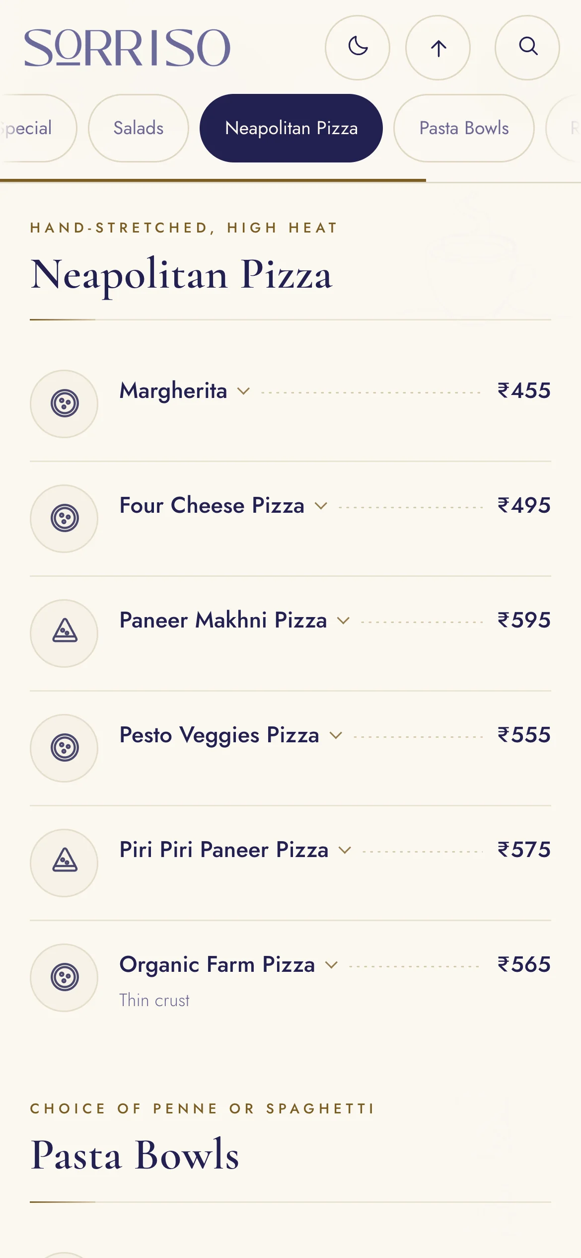 Sorriso menu on a phone: Neapolitan Pizza with rupee prices