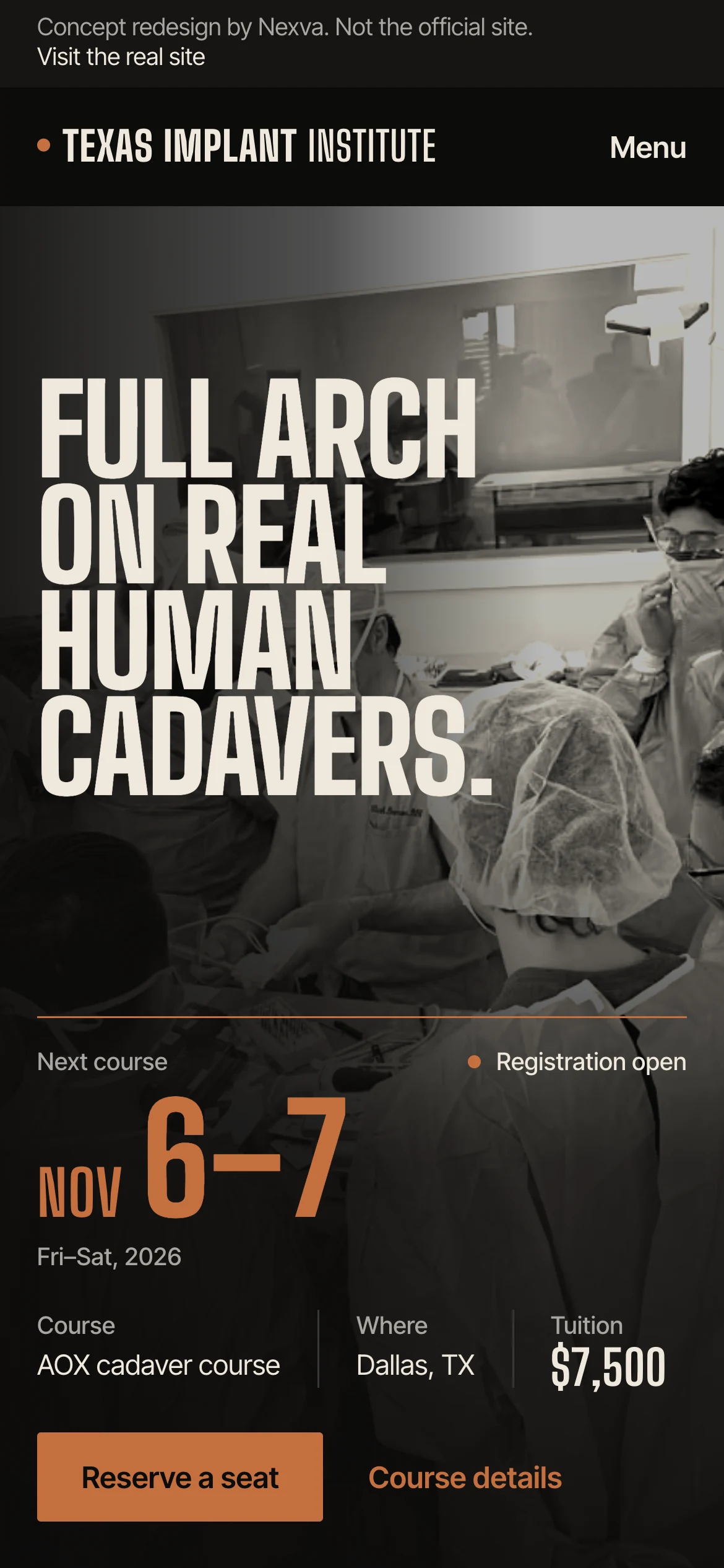 Texas Implant Institute: the first screen of the site on a phone