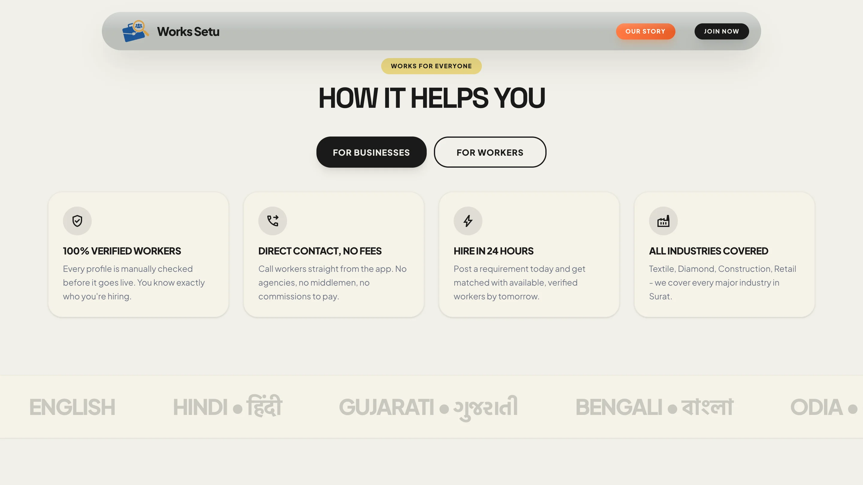 Works Setu: the How it helps section with a For businesses / For workers toggle and the language strip