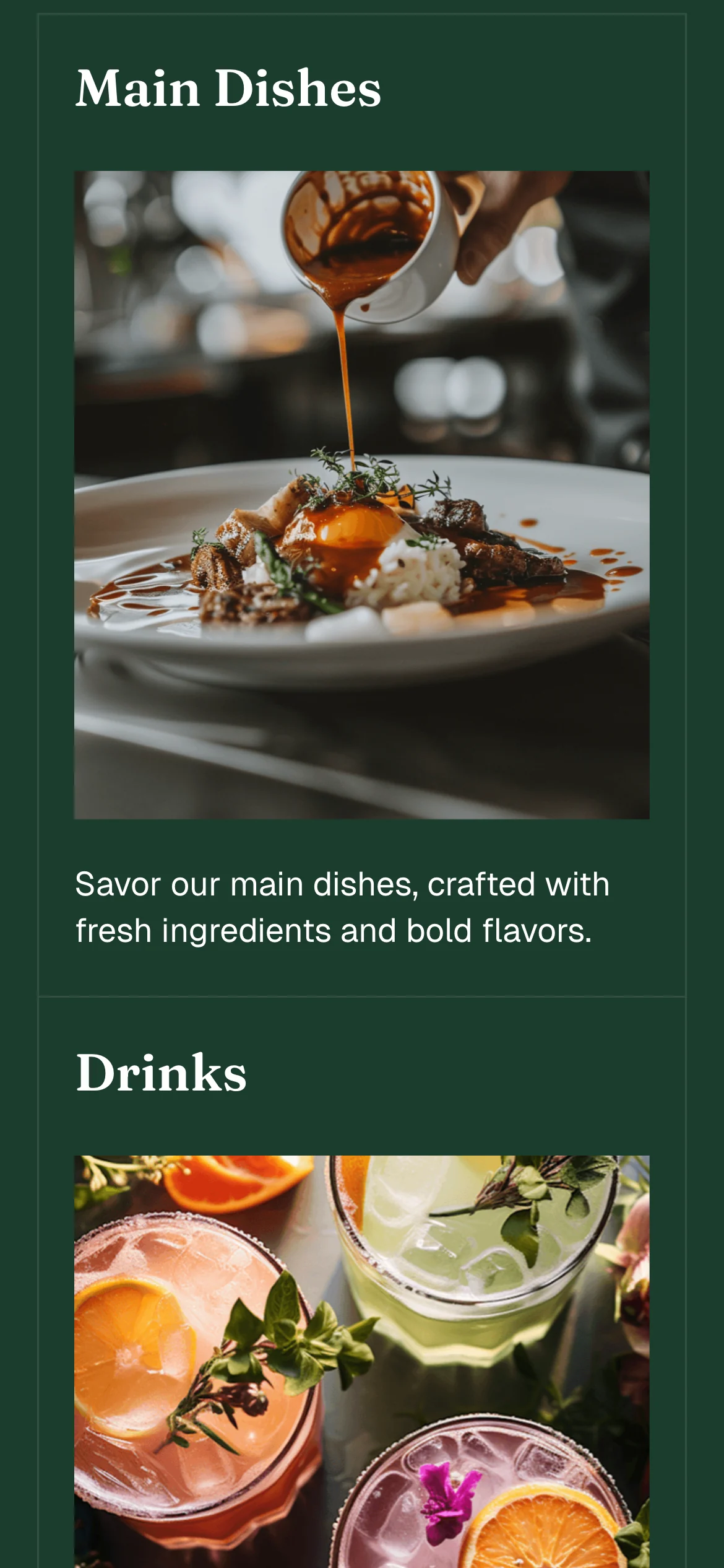 Cafe website on a phone: the Main Dishes column on a forest-green band