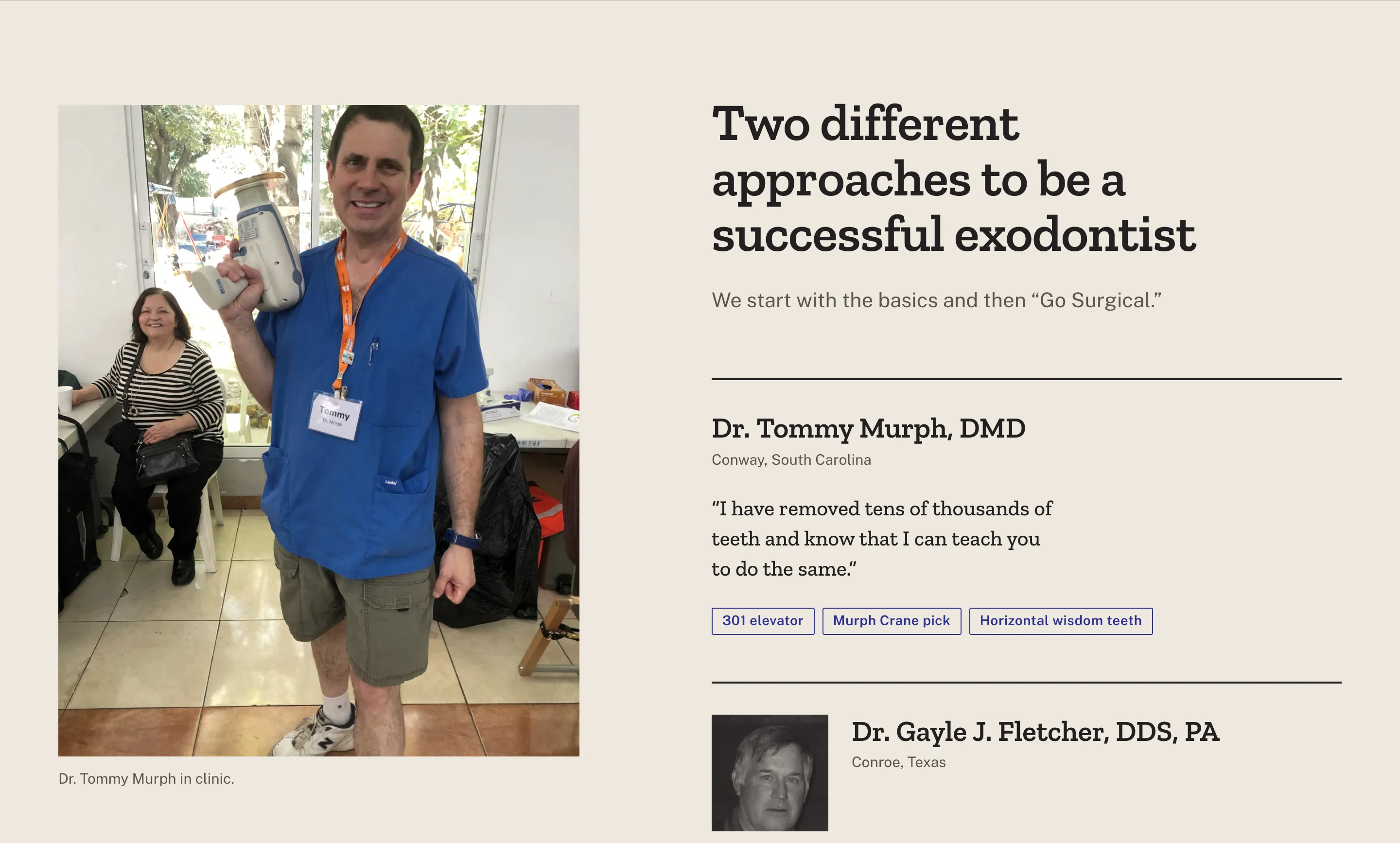 Dental Development Seminars redesign: an instructor card with a clinic photo, a quote and technique tags