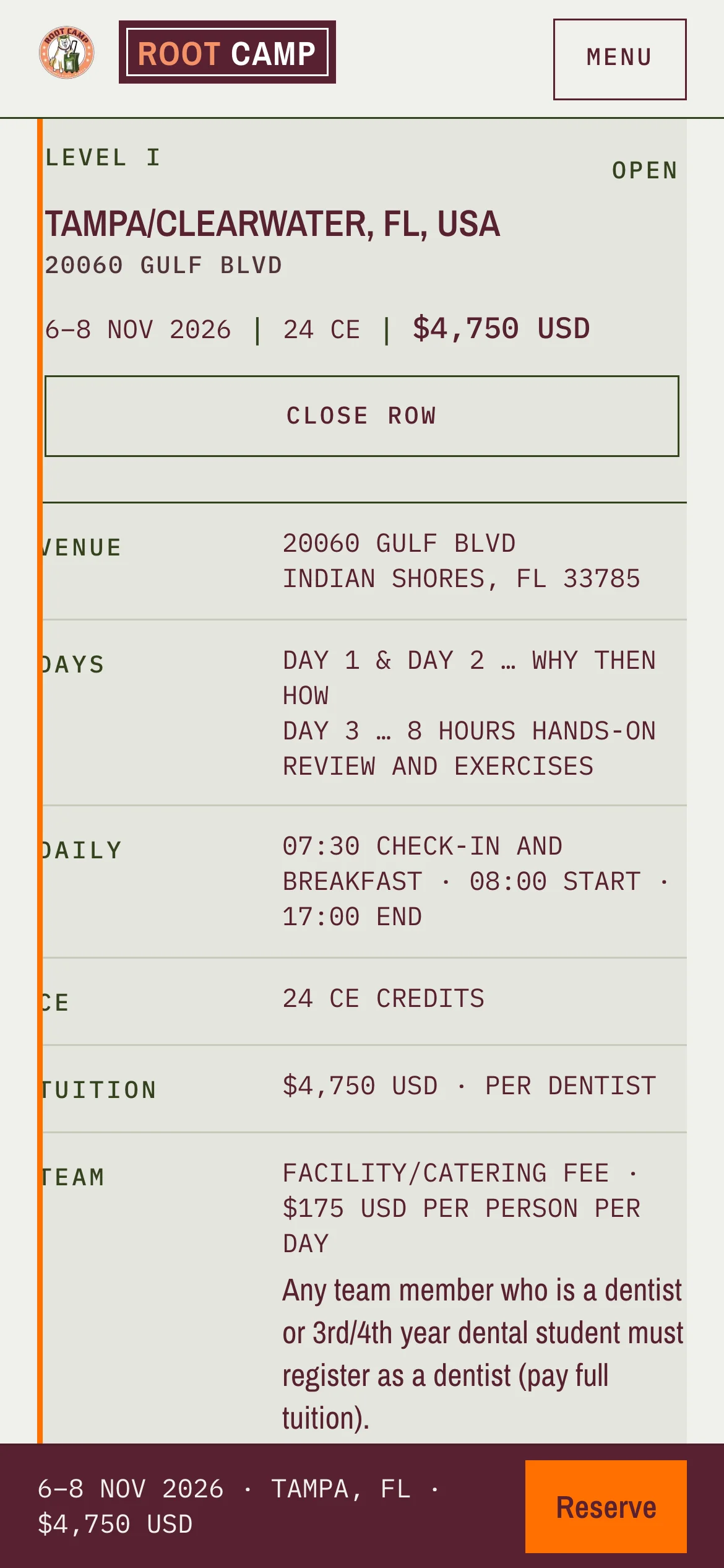 Root Camp Courses redesign on a phone: an open dates row with venue, schedule and tuition