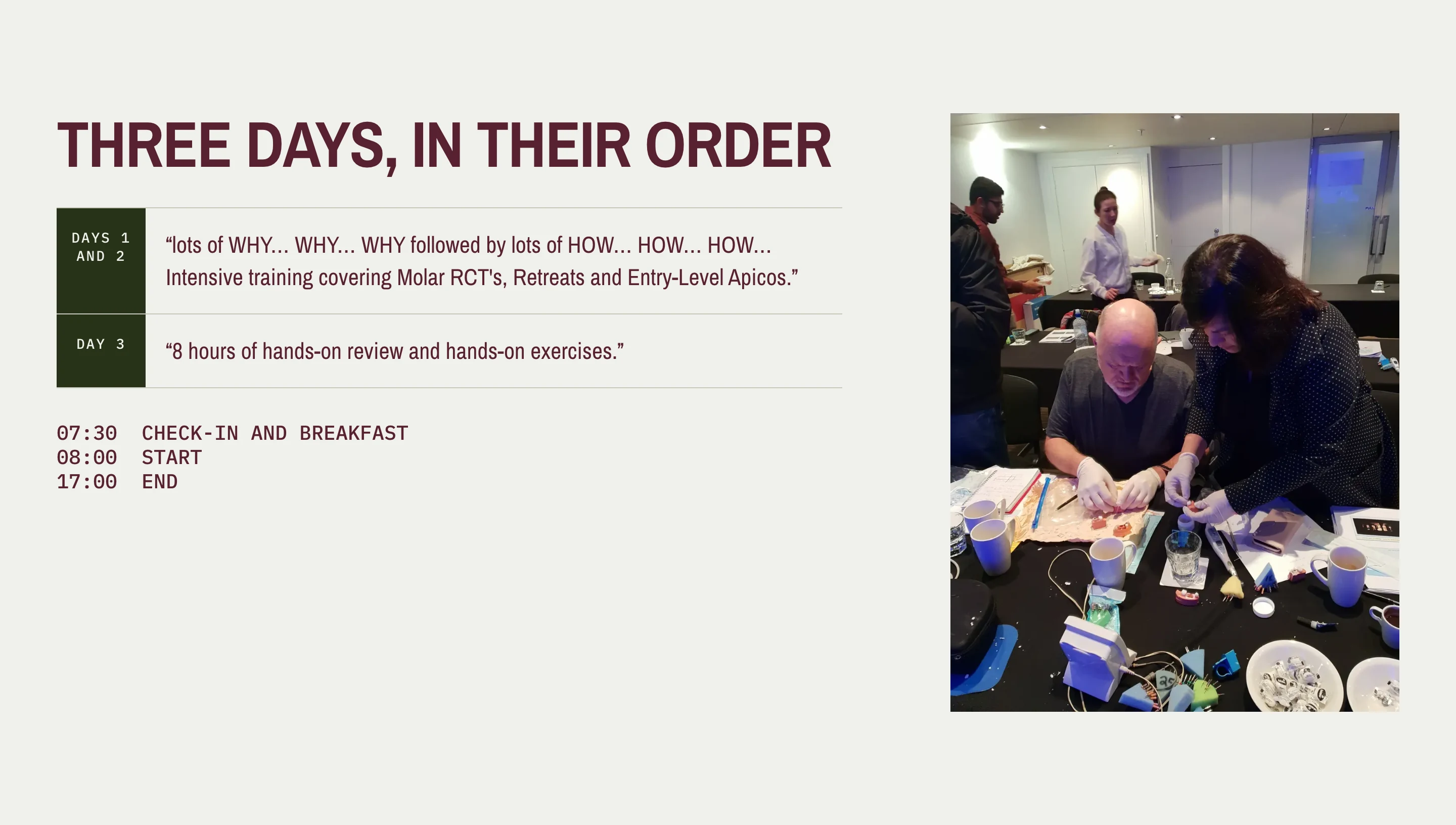 Root Camp Courses redesign: three days, in their order, with the daily schedule and a workshop photo