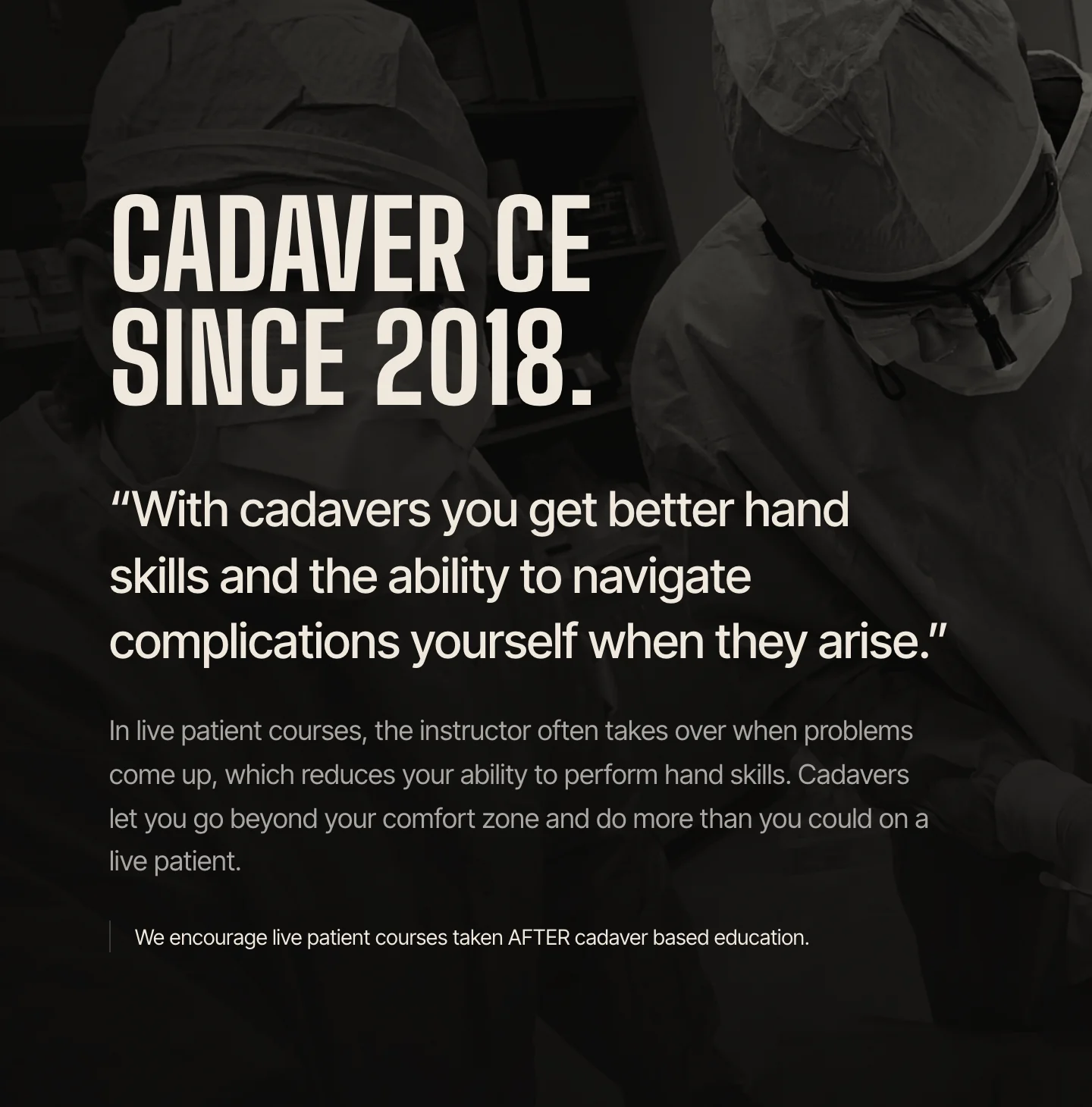 Texas Implant Institute redesign: Cadaver CE since 2018, with a quote over a lab photo