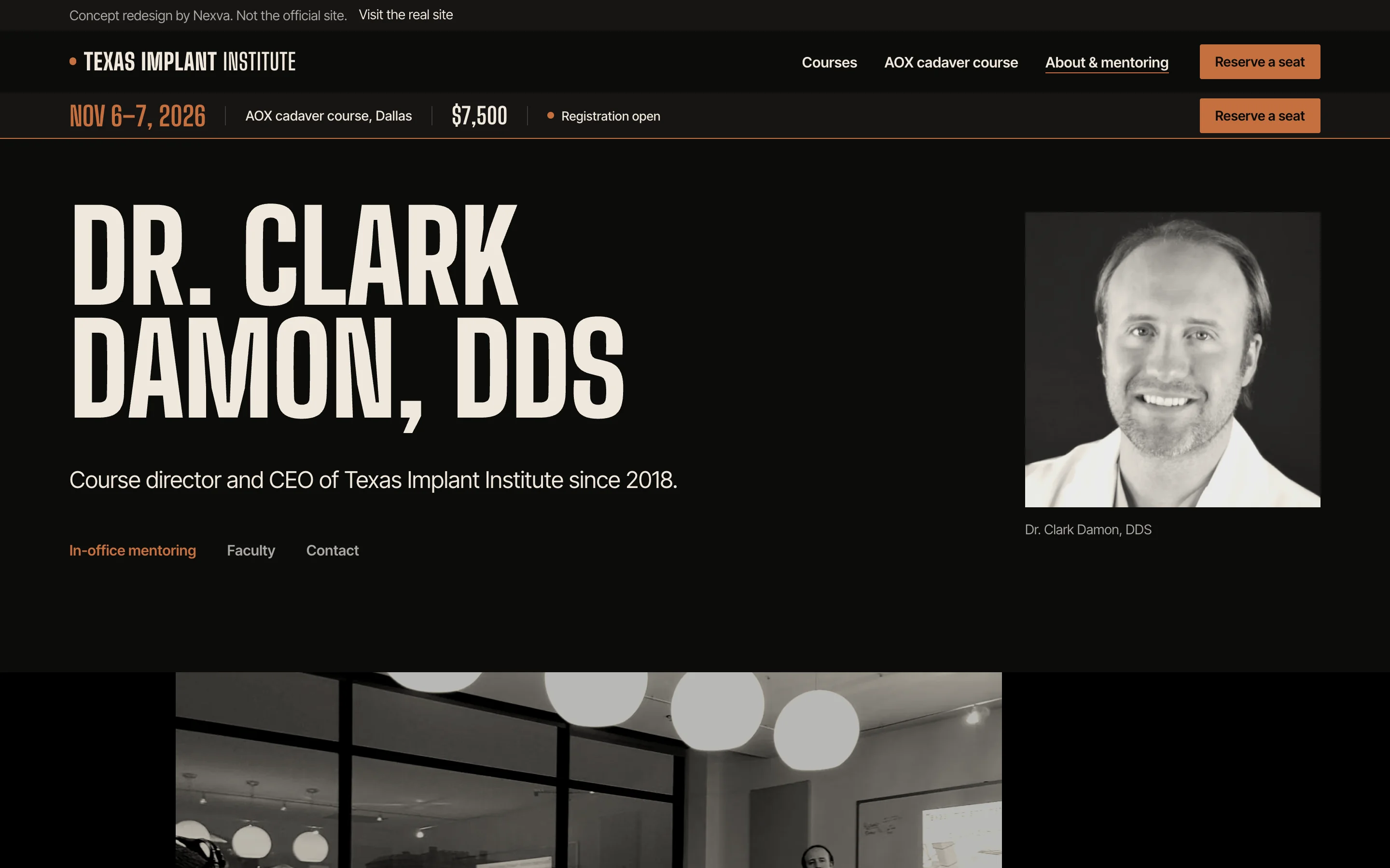 Texas Implant Institute redesign: the founder page for Dr. Clark Damon, under the next-course bar