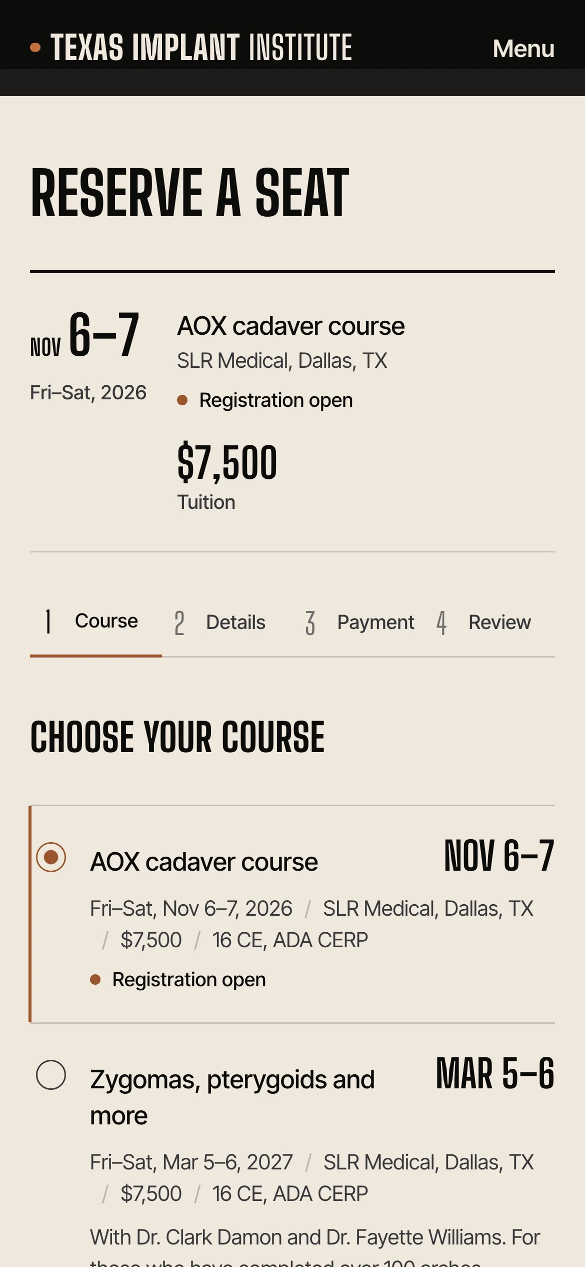 Texas Implant Institute redesign on a phone: Reserve a seat, step 1, choose your course
